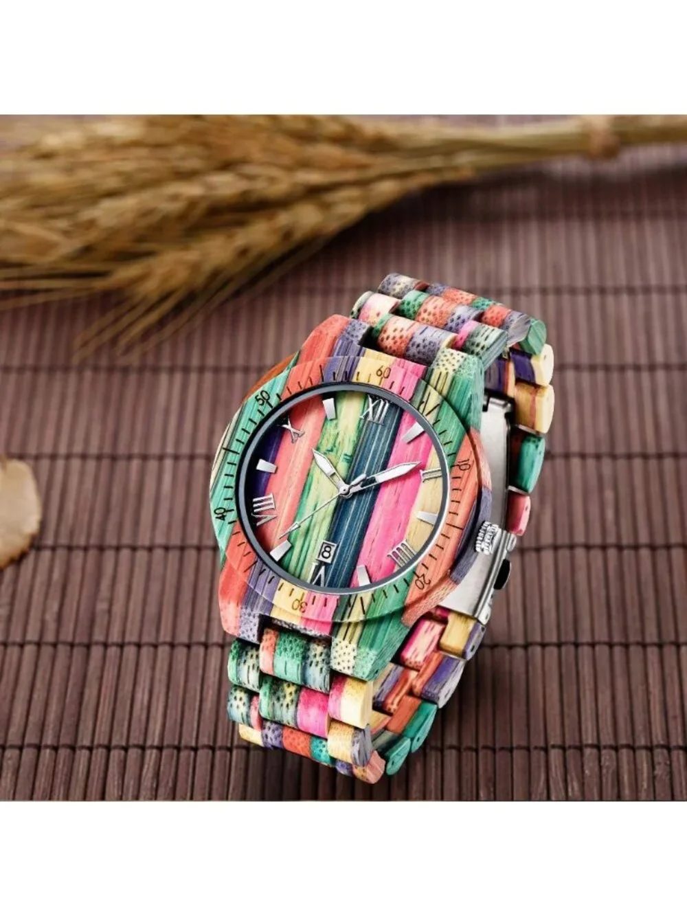 Men's Multi Color Analog Quartz Handmade Colorful Bamboo Engraved Wooden Watch